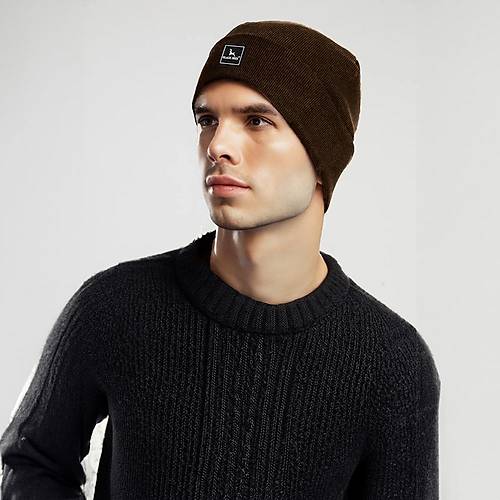 Unisex Kahverengi Klk Bere apka Dz Logolu Yumuak Triko Basic Akrilik Beanie