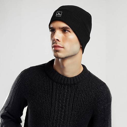 Unisex Siyah Klk Bere apka Dz Logolu Yumuak Triko Basic Akrilik Beanie