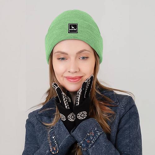 Unisex Yeil Klk Bere apka Dz Logolu Yumuak Triko Basic Akrilik Beanie