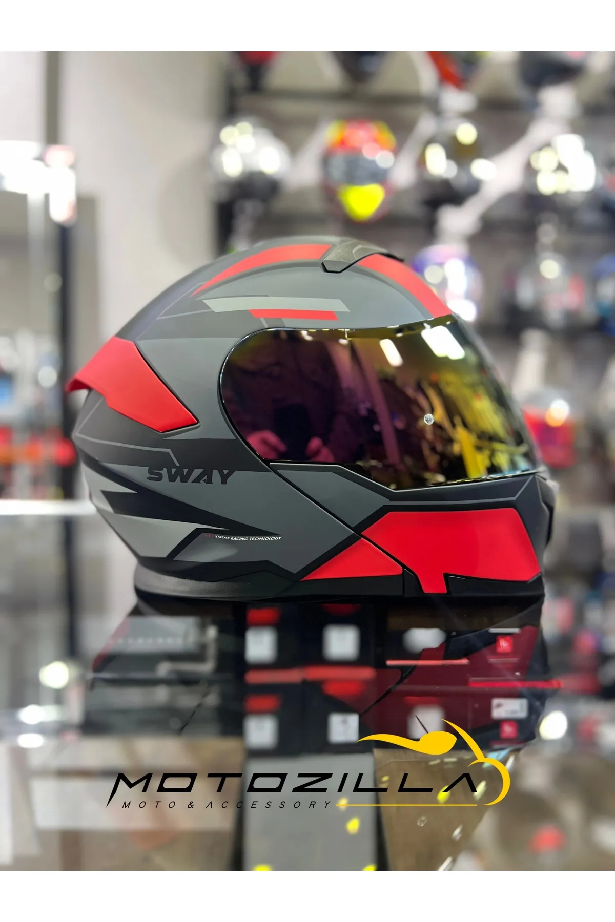 Sway Kırmızı Siyah 912 Çene Açılır Kask Gold Vizörlü( 1 Şeffaf Vizör)