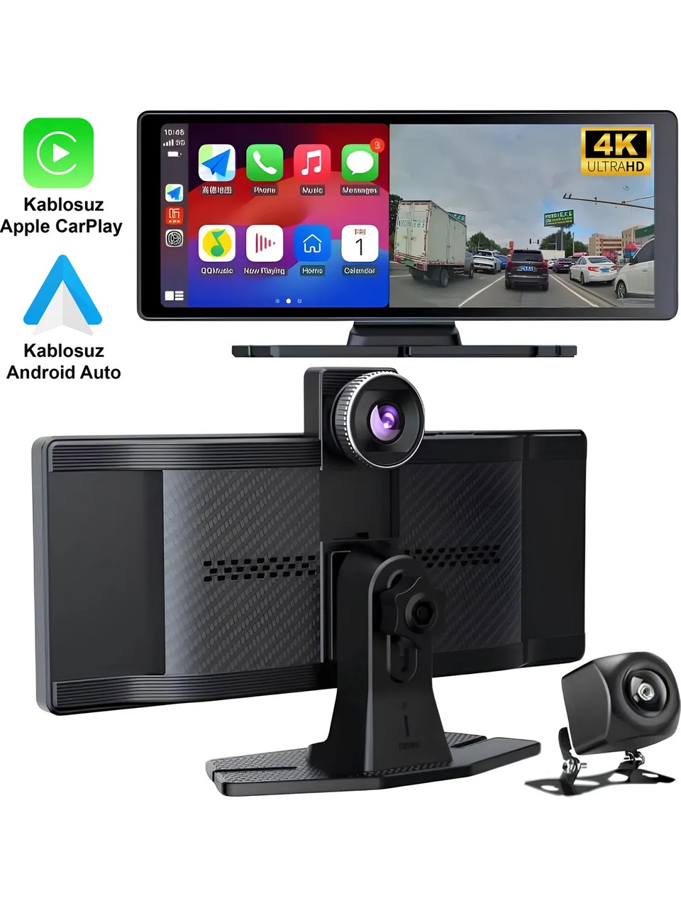 Embatech 10.26 inç Kablosuz Carplay Ve Android Auto 4K Ön/Arka Çift Kameralı Oto Multimedya Araç Ekran
