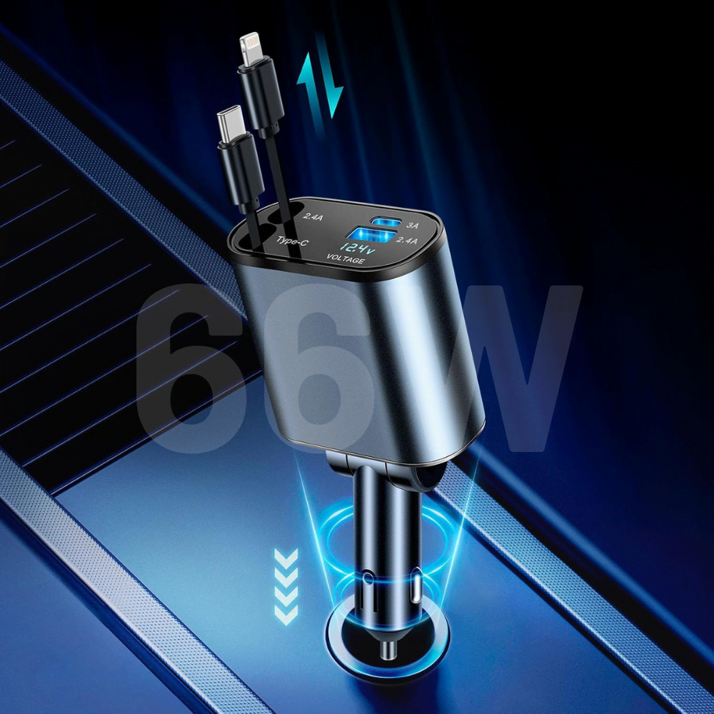 Embatech 66W Dahili Çekilebilir Kablolu Type-c + Lightning Hızlı Araç Çakmaklık Şarj Aleti
