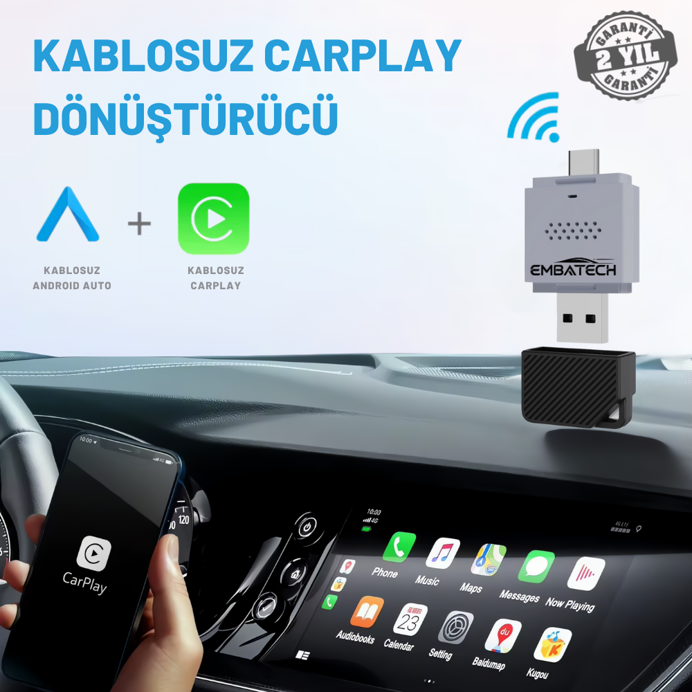 Embatech Araç Içi 2in1 Android ve Apple Cihazlar Için Kablosuz Android Auto ve Carplay Adaptörü