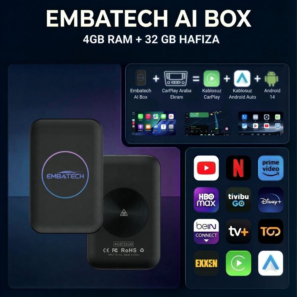 Embatech CarPlay Ai Box 4GB+32GB Youtube,Netflix,Google Play & Kablosuz Carplay&Android Auto