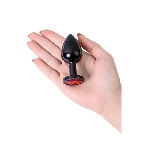 Erotist Siyah Renkli Parlak Anal Plug - Krmz Kristalli, Orta Boy, 8 cm