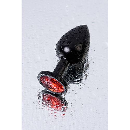 Erotist Siyah Renkli Parlak Anal Plug - Krmz Kristalli, Orta Boy, 8 cm