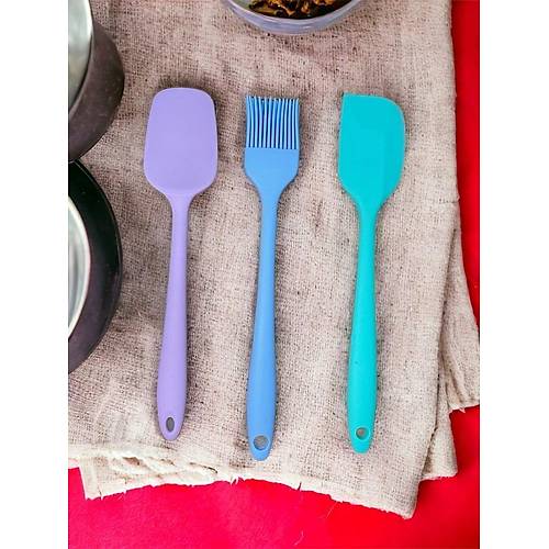 3 Lü Slikon Renkli Set Kaşık,Spatula,Fırça Pasta Yemek Seti