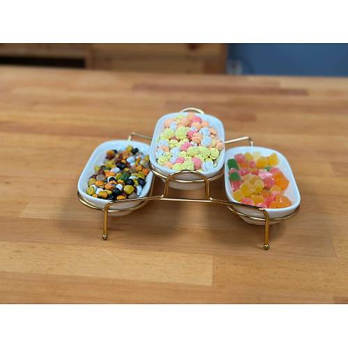 3 Lü Oval Sunumluk Gold Standlı Seramik Kaseli Çerezlik Meyvelik Kurabiyelik Sunum Tabağı