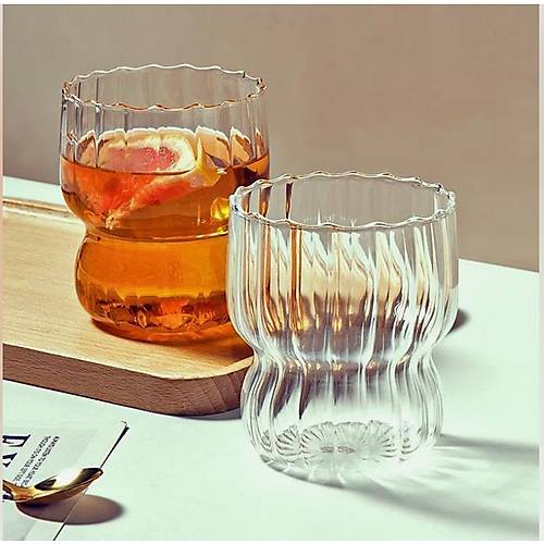 Bombe Çizgili Model Modern Tasarım Cam Bardak İçecek Kahve Sunum Bardağı 280 ML
