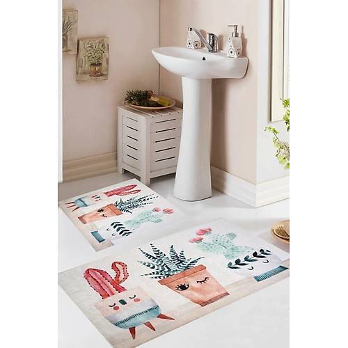 Dijital Three Cactus 2'li Banyo Paspas Seti Klozet Takımı