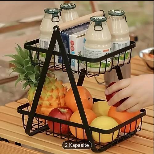 2 Katlı Kulplu Siyah Çok Amaçlı Düzenleyici Metal Sepet Raf Organizer