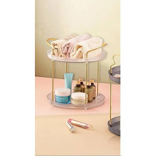 2 Katlı Banyo Kozmetik Takı Düzenleyici Çok Amaçlı Organizer Servis Sunum Tepsisi Gold