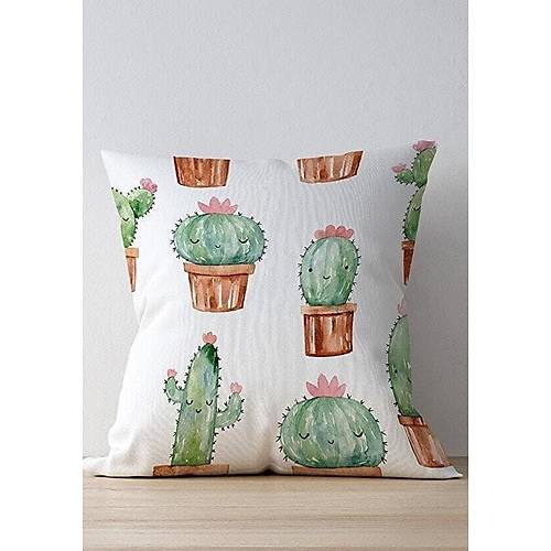 3 Saksı Kaktüs Desenli Baskılı Kırlent Kılıfı