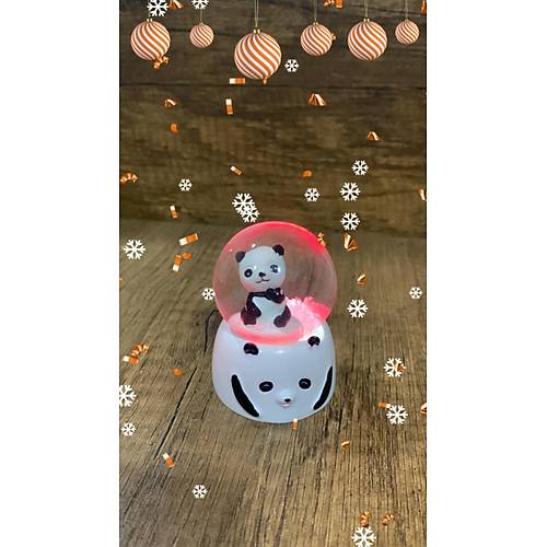 Panda Figürlü Cam Fanus Kar Küresi Işıklı Mini Boy