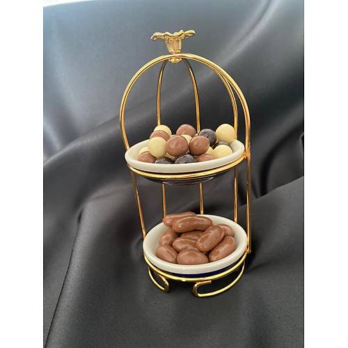 2 Katlı Gül Dekorlu Kafes Model Gold Mini Sunumluk Lokumluk Çerezlik Şekerlik