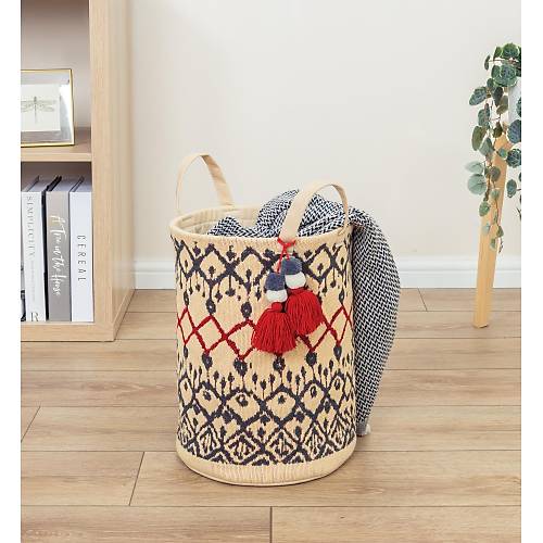 Kilim Yuvarlak Tutma Kulplu Ponponlu Sepet Organizer