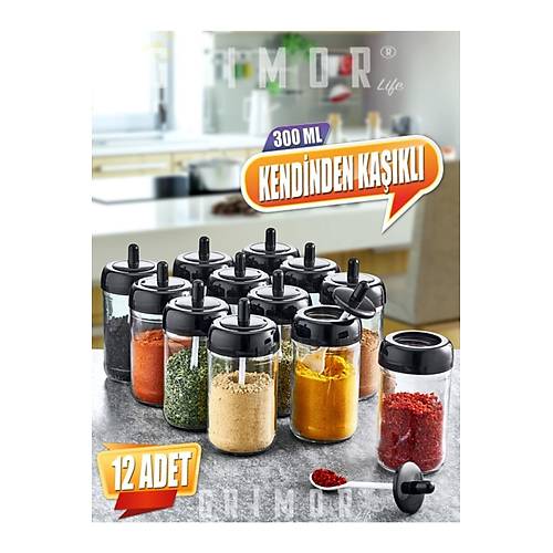 12 Adet Kapağı Kendinden Kaşıklı Cam Baharatlık Seti - (300CC)