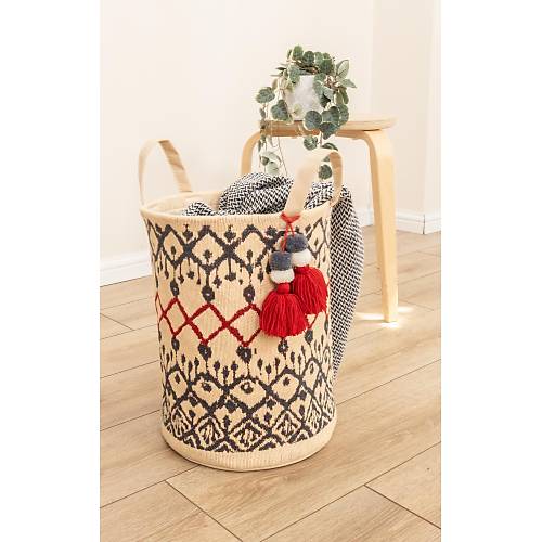 Kilim Yuvarlak Tutma Kulplu Ponponlu Sepet Organizer