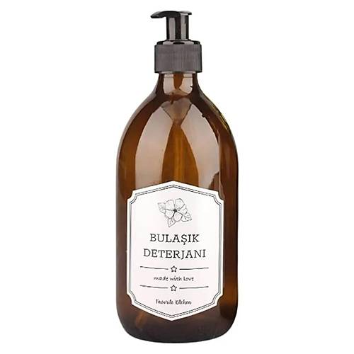 Çiçek Dekorlu Etiketli Pompalı Cam Bulaşık Deterjanı Kutusu Sıvı Sabunluk 500 ML