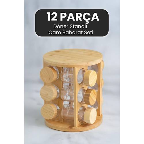 12 Parça Bambu Döner Stantlı Cam Baharat Seti Kavanoz