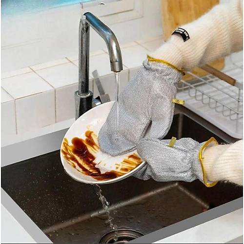 Bir Çift Çelik Tel Bulaşık Yıkama Temizleme Eldiveni Yalıtımlı Su Geçirmez Banyo Mutfak Lif