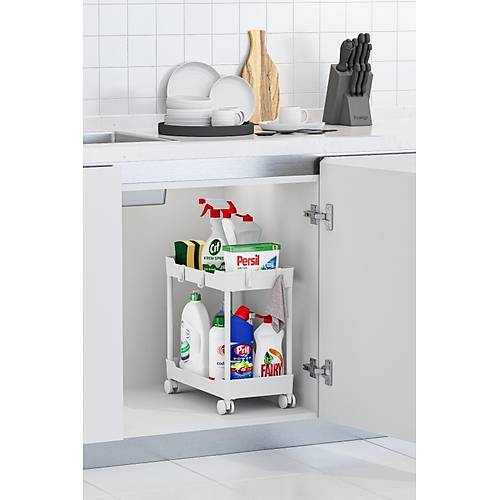 2 Katlı Tekerlekli Raf Ünitesi Dolap İçi Sepet Organizer Plastik