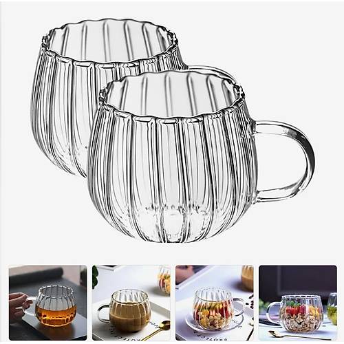Tutma Kulplu Çizgili Tombul Modern Cam Bardak İçecek Kahve Sunum Bardağı 300 ML