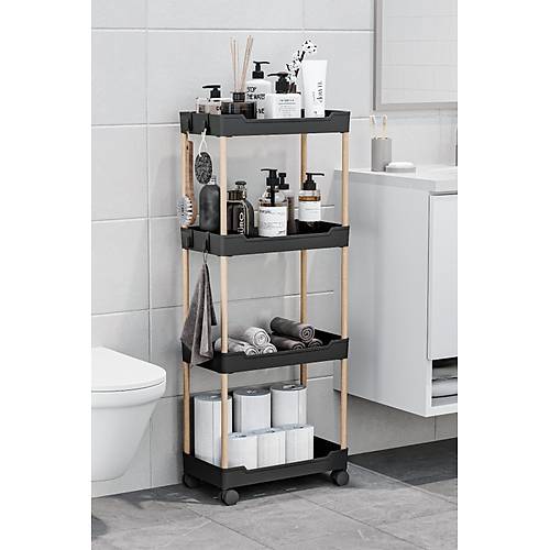 4 Katlı Ahşap Ayaklı Tekerlekli Raf Ünitesi Dolapİçi Sepet Organizer 