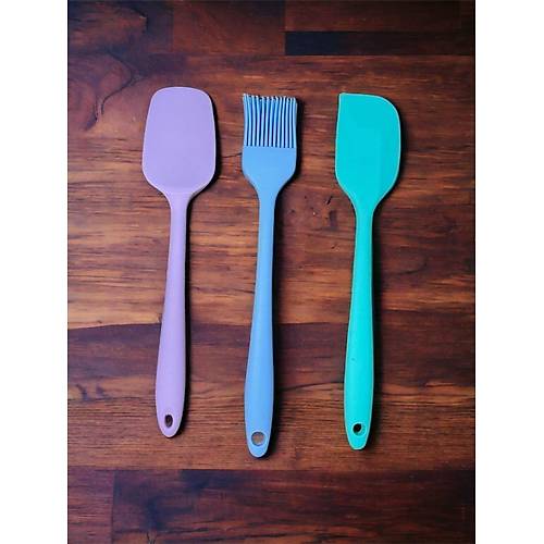 3 Lü Slikon Renkli Set Kaşık,Spatula,Fırça Pasta Yemek Seti