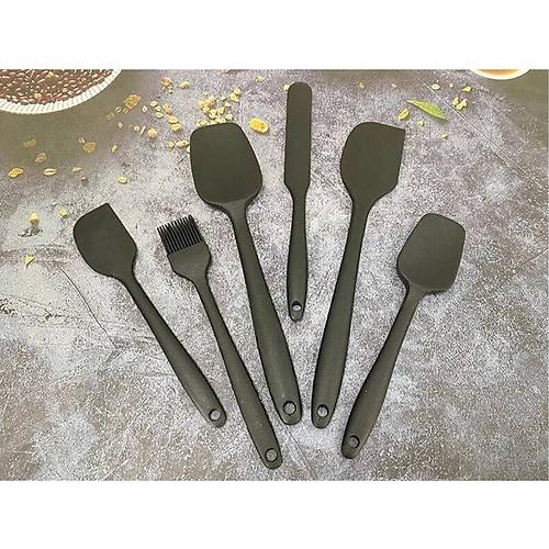 6 Parça Slikon Spatula Kaşık Bıçak Fırça Siyah Mutfak Seti