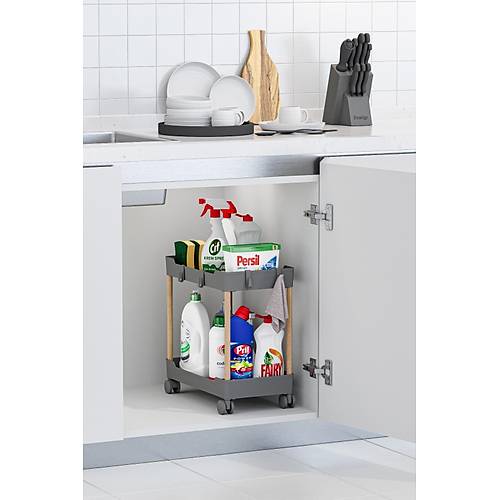 2 Katlı Tekerlekli Raf Ünitesi Dolap İçi Sepet Organizer Plastik