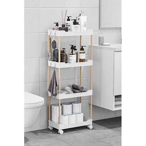 4 Katlı Ahşap Ayaklı Tekerlekli Raf Ünitesi Dolapİçi Sepet Organizer 
