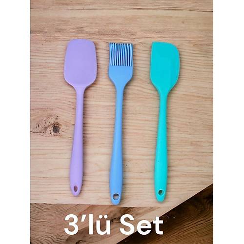3 Lü Slikon Renkli Set Kaşık,Spatula,Fırça Pasta Yemek Seti