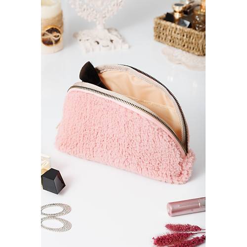 Pembe Peluş Makyaj Çantası Kozmetik Kişisel Bakım Organizer Çanta