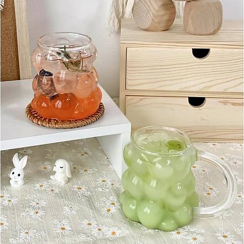 Cam Kulplu Boncuk Bardak Isıya Dayanıklı Bardak 350 ML Borosilikat Kahve Bardağı