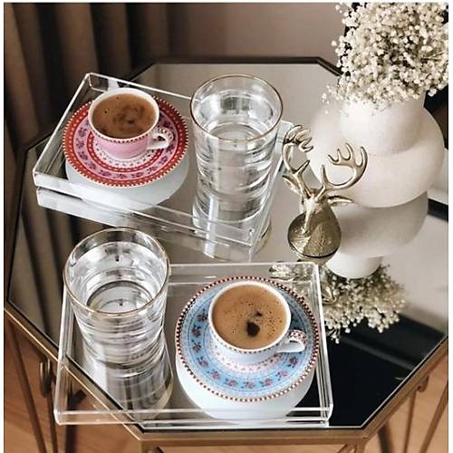 Kare Kahve Çay Sunumluk Dekoratif  Pleksi Şeffaf Tepsi