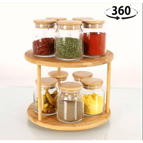 2 Katlı Döner Stantlı Bambu Sunumluk Organizer Baharatlık Kurabiyelik