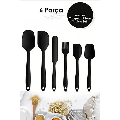 6 Parça Slikon Spatula Kaşık Bıçak Fırça Siyah Mutfak Seti