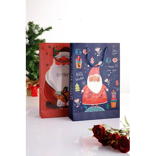 2'Li Yeni Yıl Hediye Çantası Noel Baba Temalı Karton Paket Kulplu Karton Yılbaşı Çanta