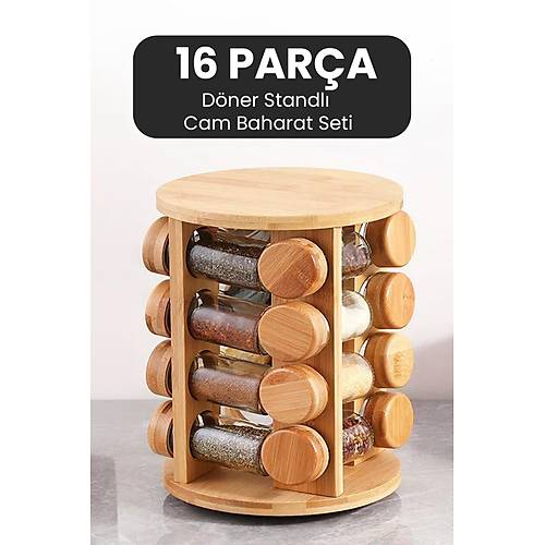 16 Parça Bambu Döner Stantlı Cam Baharat Seti Kavanoz