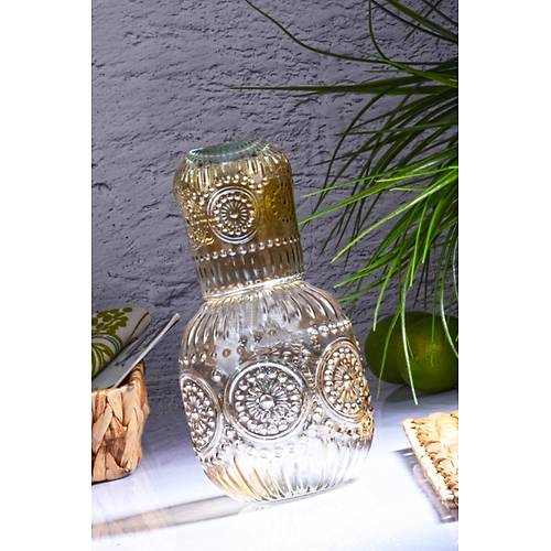Tombul Gold Bardaklı Cam Başucu Su,İçecek Sürahisi 1200 Ml Karaf