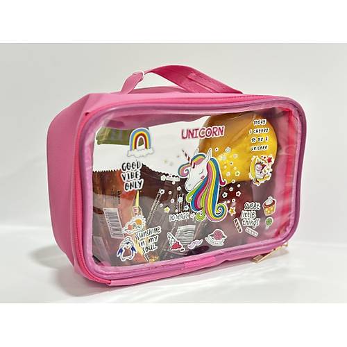 Pembe Okul Beslenme Çantası Unıcorn Desenli Kulplu Kalem Defter Taşıma Kutusu