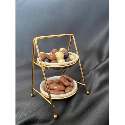 2 Katlı Yuvarlak Tabaklı Gold Mini Sunumluk Lokumluk Çerezlik Şekerlik Drajelik