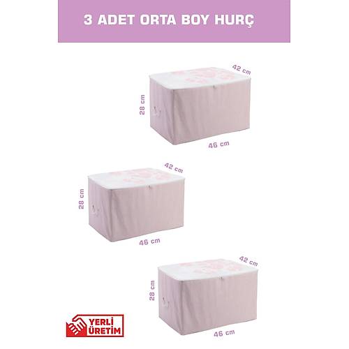 3 Adet Orta Boy Pembe Çizgili, 42x46x28 cm Baskılı Hurç