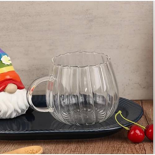 Tutma Kulplu Çizgili Tombul Modern Cam Bardak İçecek Kahve Sunum Bardağı 300 ML