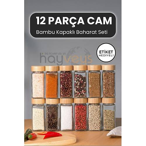 12 Parça Bambu Kapaklı Cam Baharat Seti Kavanoz Etiketli