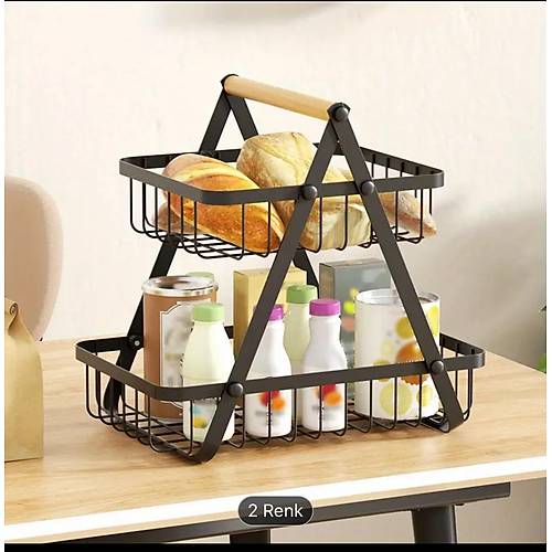 2 Katlı Kulplu Siyah Çok Amaçlı Düzenleyici Metal Sepet Raf Organizer
