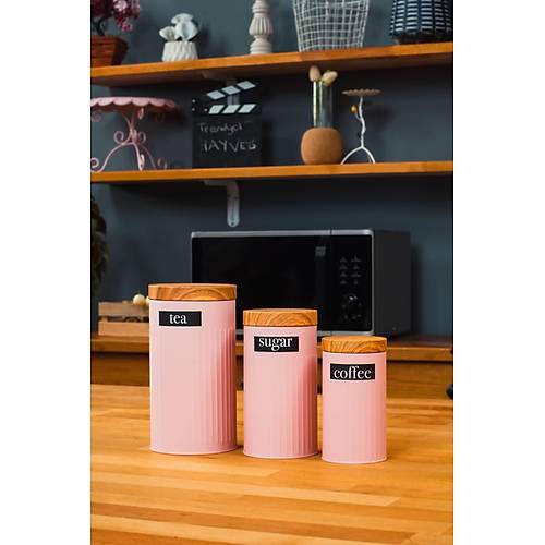 4'Lü Pembe Set Metal Çay Şeker Kahve Saklama Kabı Kavanoz Ve Ekmek Sepeti Ekmeklik Takımı