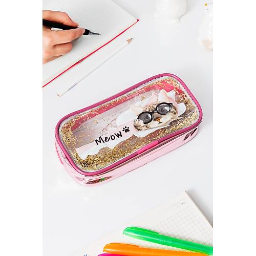Pembe Kedi Model Fosforlu Jel Tasarımlı Okul Fermuarlı Kalemlik Kız Kalem Kutusu
