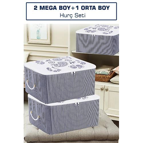 2 Büyük Boy + 1 Orta Boy Lacivert Çizgili Baskılı Hurç